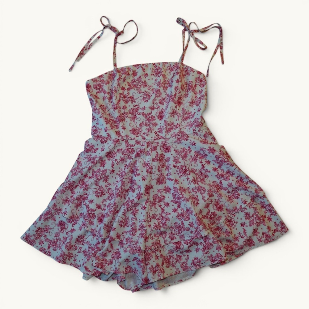 Zexxxy Raspberry Pink Cream Toile Tie Shoulder Romper Size Large